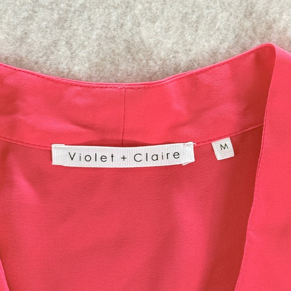 Violet + Claire Womens Coral Pink V-Neck Bishop Sleeve Blouse M Office Career - Picture 4 of 9